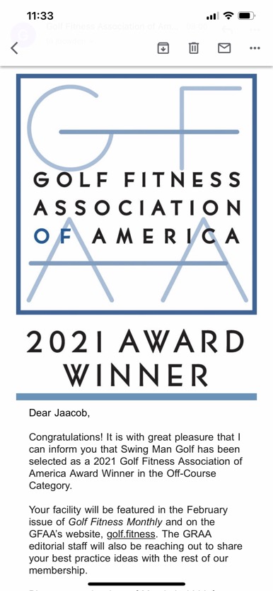 Jaacob Bowden's Swing Man Golf won the 2021 Golf Fitness Association of America Award in the Off-Course Category