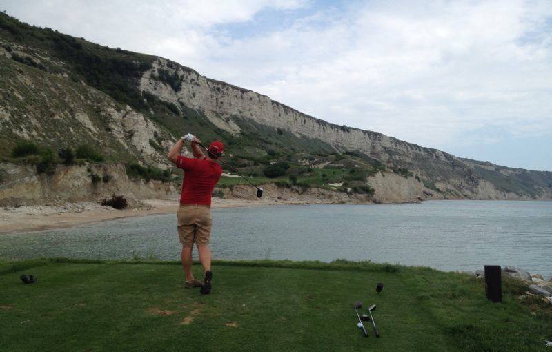 Jaacob Bowden tees off during the BlackSeaRama ProAm at Thracian Cliffs in Bulgaria in 2014