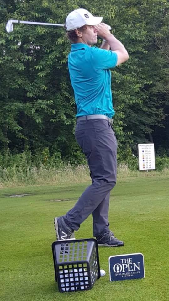 Jaacob Bowden warms up on the driving range ahead of his tee time at the 2018 British Open qualifying at Wildernesse Golf Club in England