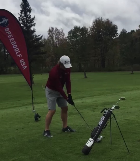 Jaacob Bowden tees off at the 2018 US Speedgolf Championships at Rome Country Club