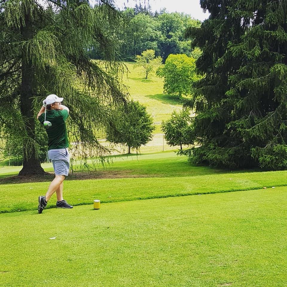 Jaacob Bowden watches his tee shot at GolfClub Breitenloo in Zurich, Switzerland
